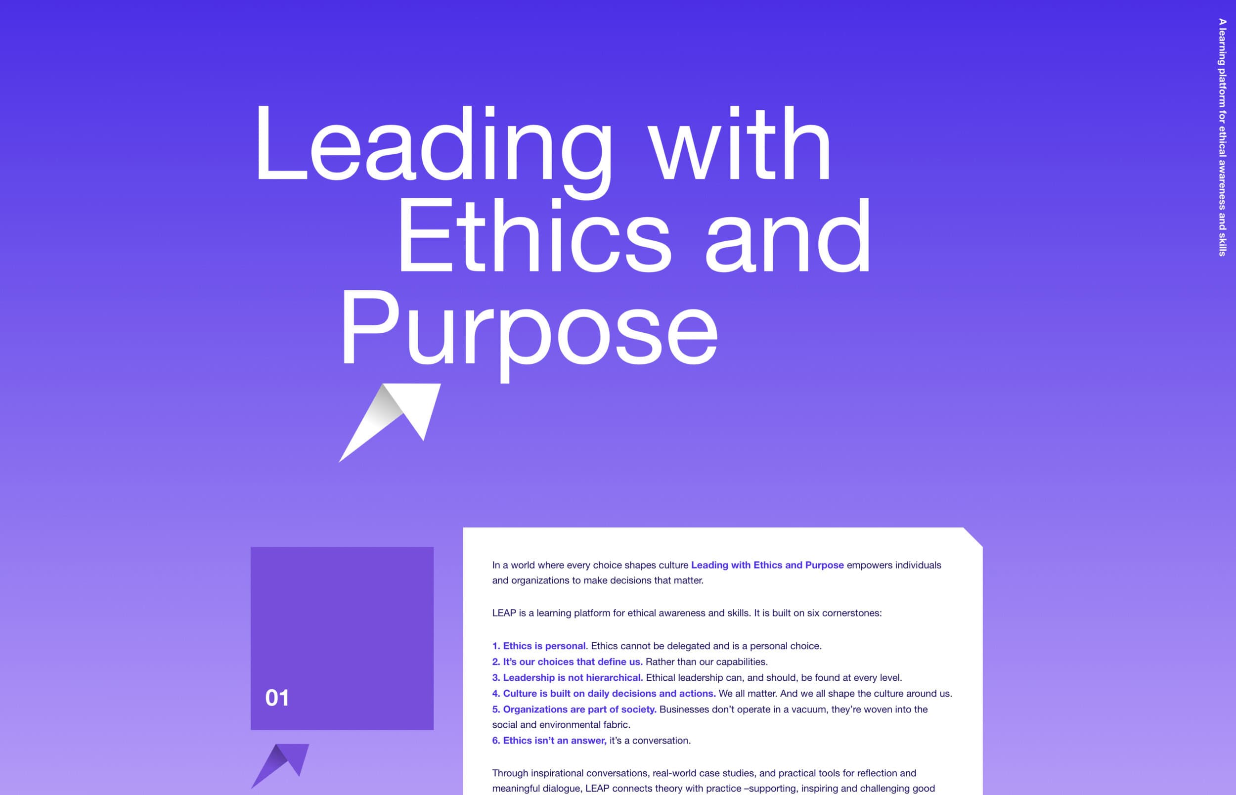 Referenssi: leadingwithethicsandpurpose.com-verkkosivujen etusivu.